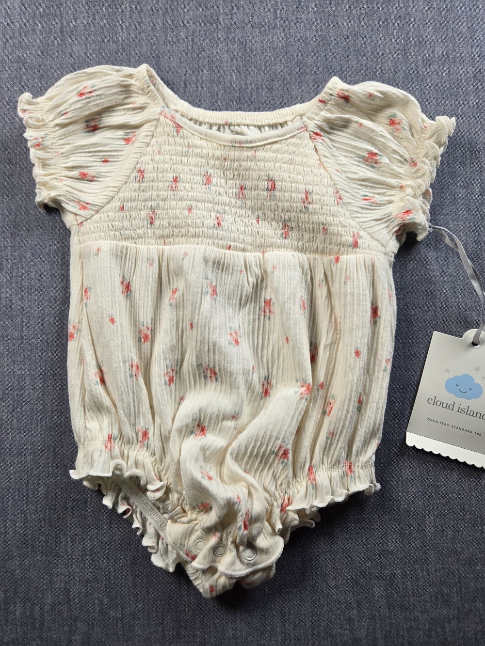 cloud island Cream Romper with Pink Floral Smocking